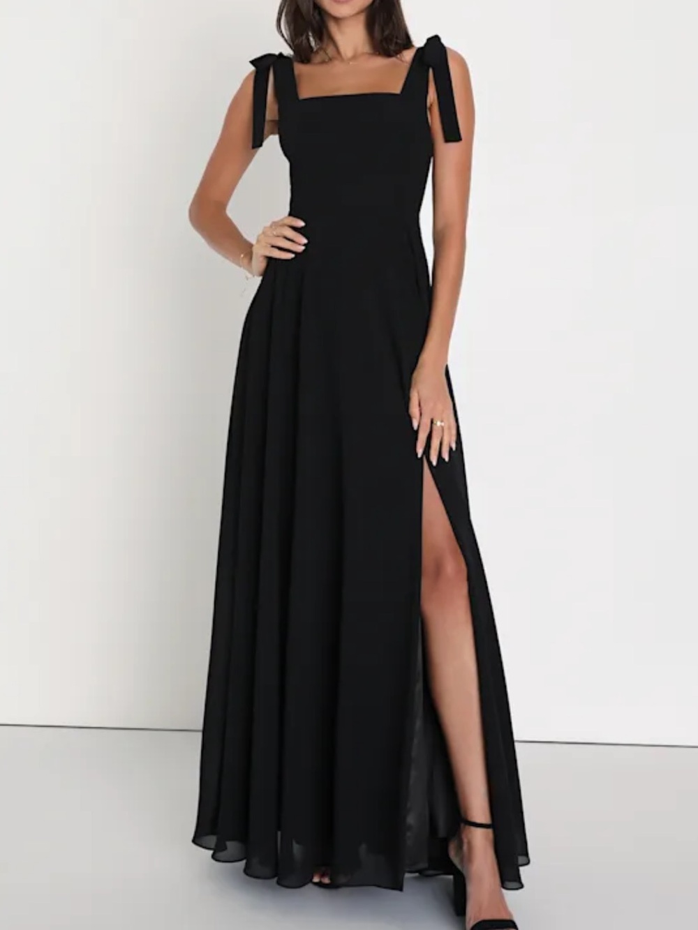 Lulu's Black Maxi Faux Tie-Shoulder and Square-Neck Gown